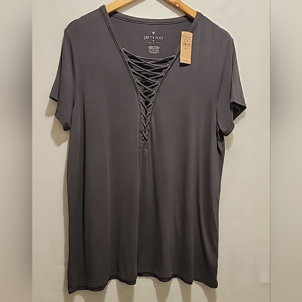 American Eagle Outfitters Gray Lace-Up Top